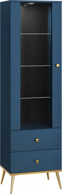Produktbild von Vitrine in dunkelblau mit Beleuchtung, goldfarbenen Griffen und Füßen MONTPELLIER-131, B/H/T ca. 55/190/40 cm