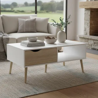 Image de Sfène - Table basse, 99x60x43h cm Blanc, un tiroir