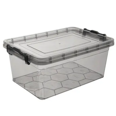 A clear, studio shot of a transparent storage container with a gray lid and clips.