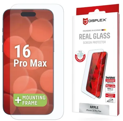 Produktbild von Displex Panzerglas (10H, 2D) für Apple iPhone 16 Pro Max, Eco-Montagerahmen, kratzer-resistent, Apple, iPhone 16 Pro Max, Trockene Anwendung, Schmutzabweisend, Schlagfest, Kratzresistent, Transparent, 1 Stück(e)