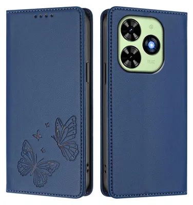 Produktbild von Lederhülle für Tecno Spark Go 2024/Spark 20/20C/Pop 8/Infinix Smart 8/8 Pro/8 Plus/Hot 40i, Schmetterling Prägung Leder Brieftasche Schutzhülle mit Ständer Dunkelblau