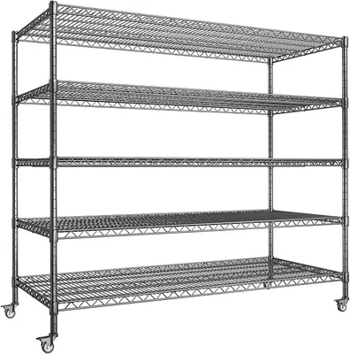 Zdjęcie produktu dla Regał magazynowy, 5-poziomowy, do ciężkich ładunków, z siatką metalową, udźwig 1600 kg, mobilny regał magazynowy na kółkach, z regulowanymi półkami, idealny do piwnicy i jako regał siatkowy, 152W×61D×182H cm