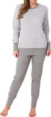 Produktbild von Kuscheliger Damen Pyjama langarm Schlafanzug mit Bündchen in Streifenoptik - 212 96 258 ; grau , 48