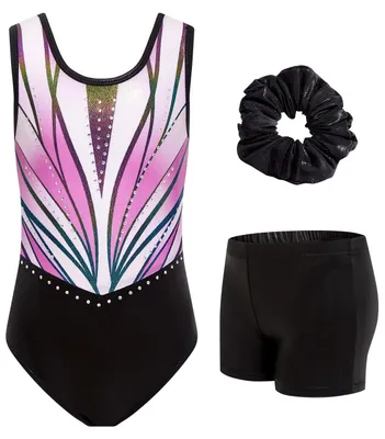 Productafbeelding van SolidKeus - Meisjes Gymnastiek Leotards met Shorts en Scrunchie 3-12 Jaar
