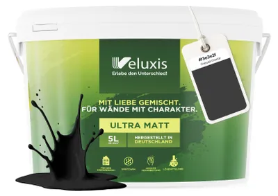 Produktbild von Wandfarbe Schwarz Anthrazit Grau Matt Innenfarbe – Deckkraft Klasse 1, VOC-frei, Ohne Grundierung, Tropfarm – Wohnzimmer & Schlafzimmer – 5L – Veluxis (Casual Caviar)