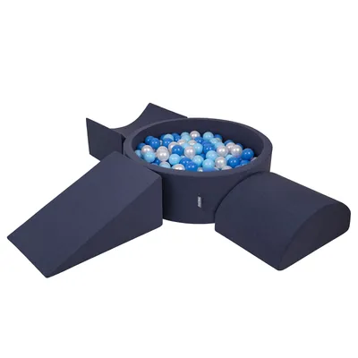 Obrázok produktu pre KiddyMoon Mäkké penové ihrisko pre deti s guľatým loptičkovým ihriskom (300 ∅ 7 cm) s mäkkými prekážkami a loptičkovým bazénom,  vyrobené v EÚ, Tmavomodrá:Babyblue/Modrá/Perla, Verzia 4