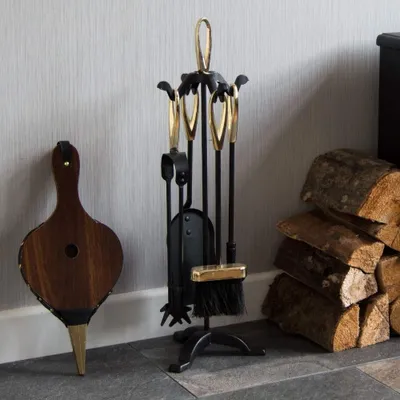Image de Omgoods - Coffret d'accessoires pour foyer ouvert, comprenant 5 pièces, avec support en noir et en laiton