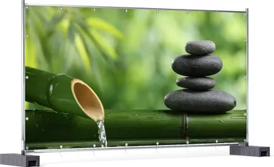 Produktbild von Wallario XXL Outdoor-Poster für Garten oder Balkon, Motiv Steinstapel und Bambus auf dem Wasser, in ca. 340 x 173 cm