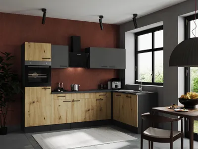 Produktbild von Küche Küchenzeile Winkelküche Grau Matt Artisan Eiche Oliver 280x172 cm Respekta