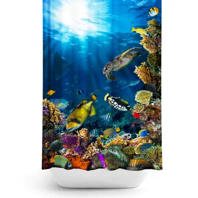Produktbild von Digitaldruck Textil Duschvorhang AQUARIUM 120x200 cm SEA LIFE Wannenvorhang inkl. Ringe