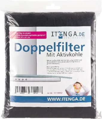 A packaged charcoal filter for a kitchen hood, showing branding and product details.