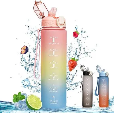 Produktbild von Sportflasche 1 Liter - Mit Zeitmarkierungen - Rietzubereitung - Leckstest - -frei - Fitnessflasche - Rosa - Ideal für Fitness, Yoga, Radfahren