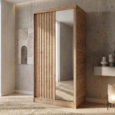 Produktbild von BEAUTYSOFA | Kleiderschrank DONATELLO 100 cm Artisan/Artisan mit Spiegel, Lamellen und 1 Schubkasteneinsatz, Schwebetürenschrank modern