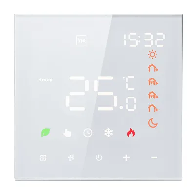A digital thermostat display with temperature and time.