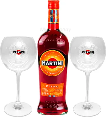 Produktbild von Martini Fiero Wermut 1L (14,4% Vol) + Martini Royale Ballon Cocktail Glas Set - 2x Gläser 47cl - [Enthält Sulfite]