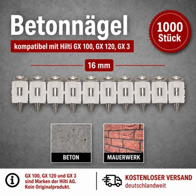 Obrázok produktu pre Klince do betónu 16 mm 1000 kusov vhodné pre plynové klincovačky Hilti GX 100, GX 120, GX 3