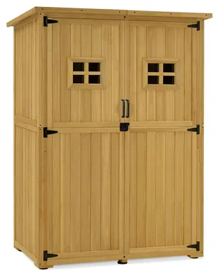Immagine prodotto di Armadietto da giardino in legno - 59x127x168 cm, colore naturale - Impermeabile, con tetto in bitume