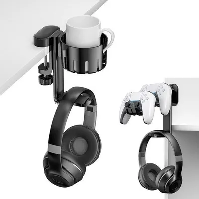Image de Support universel 3-en-1 pour casque, avec pince de bureau, compatible avec les manettes de jeu et les gobelets