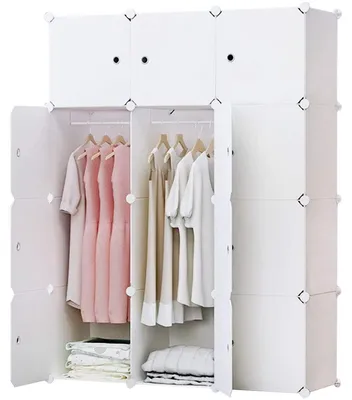 Image de Armoire composée de 12 cubes, système d'armoire modulaire, système d'étagères, armoire en plastique avec portes et 2 cintres, autocollants supplémentaires inclus