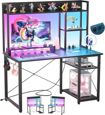 Produktbild von Gaming-Schreibtisch mit Aufsatz, 47-Zoll-Computertisch mit LED-Leuchten und Steckdosen, Home-Office-Schreibtisch mit umkehrbaren 5-stufigen Ablagefächern und Monitorständer, Schwarz
