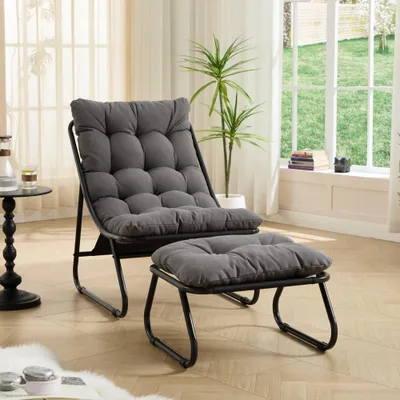 Produktbild von Outdoor Lounge Sessel mit Hocker, gepolstert, Stahlgestell, Beige, Garten Relaxstuhl