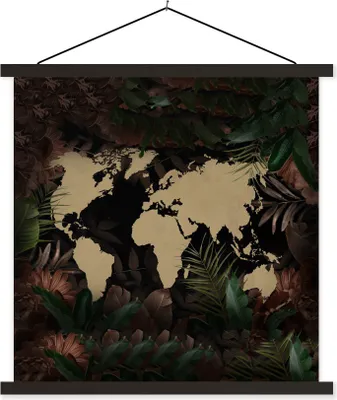 Produktbild von MuchoWow® Textilposter Weltkarte - Vintage - Blumen 90x90 cm mit schwarzem Rahmen - Magnetisches