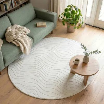 Produktbild von Volero - Runder Teppich Wohnzimmer - Charm Waves Weiß - Ø 160 cm - Wohnzimmer, Schlafzimmer - Modern, Skandinavisch