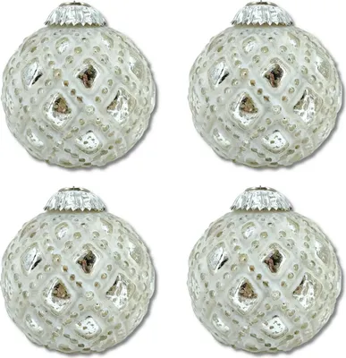 Produktbild von Glas Weihnachtskugel weiß silber - A - 4 Stück 8,5 x 10cm Deko-Kugel Christbaumschmuck glänzend