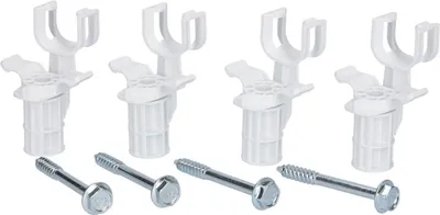 Four white plastic washing machine transport locks with two silver screws in the foreground.