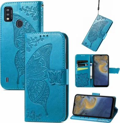 A collage of images showing a blue butterfly-embossed flip phone case for a ZTE Blade A51.