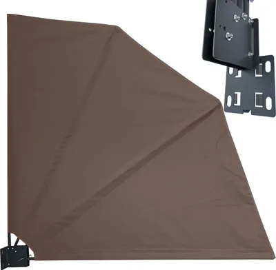 A brown privacy screen or awning is shown attached to mounting brackets.
