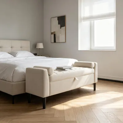 Image de Banc avec rangement, 118 cm, revêtement en velours crème, avec accoudoirs et pieds en bois