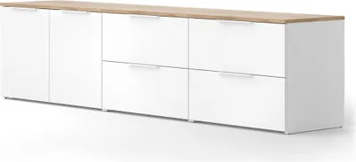 A long, white sideboard with a wooden top, shown against a white background.