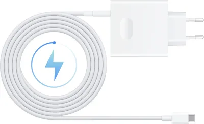 A white USB-C charger and cable are shown on a white background.