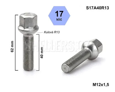 Obrázek produktu pro Kolový šroub M12x1,5x40 kulový R13, Audi, Seat, Škoda, VW, klíč 17, S17A40R13, výška 62 mm