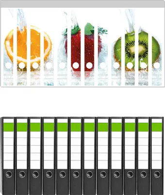 Produktbild von Wallario 12 Stück schmale Ordner inkl. Klebeetiketten mit Motive Frische Früchte übergossen mit Wasser -  Set mit Rückenschildern / Ordnerrücken Stickern