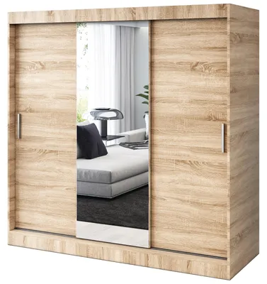 Produktbild von Kleiderschrank mit Spiegel - 200x200cm - Sonoma Eiche - Schiebetürenschrank HUGO - 3-türig - mit 4 Kleiderstangen