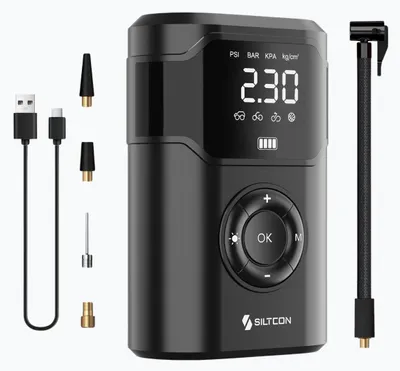 Productafbeelding van Siltcon® Luchtcompressor Bandenpomp – Elektrische Fietspomp – Compressor - Bandenpomp – O.a. Fiets, Auto, Scooter, Bal en Luchtbed – Oplaadbaar – Tot 10.5 Bar – 30l/min – 8000 mAh Powerbank – SOS Lamp - Incl. 8 Opzetstukjes en Opberghoes