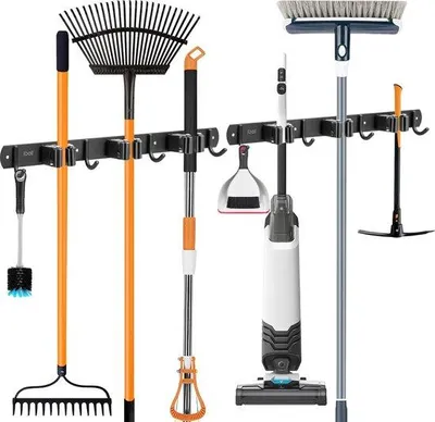 Produktbild von Wandhalterung für Gartengeräte, 3 Fächer, 4 Haken, Edelstahl, Schwarz