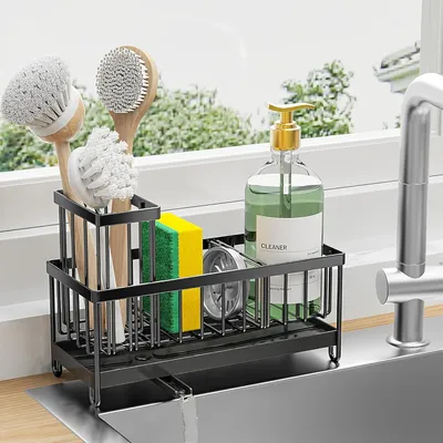 Produktbild von Schwarzer Schwammhalter für Küchenspüle, Spülbecken-Caddy Organizer mit hohem Bürstenhalter, Küchenarbeitsplatten-Organizer und Aufbewahrungsutensilien, rostfreier 304 Edelstahl, Seifenspender