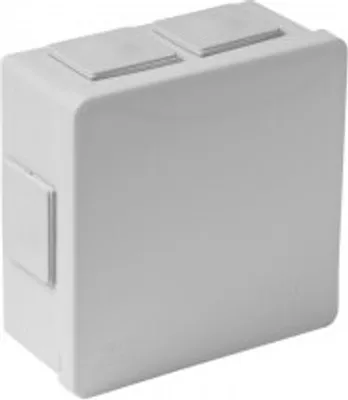 A white electrical junction box with two snap-on covers on top and one on the side.