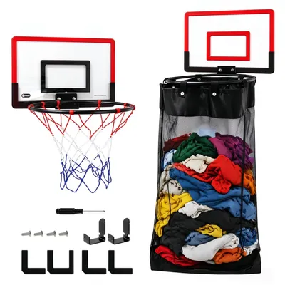 Produktbild von 2-in-1 Basketball Wäschesammler, Hänge-Wäschekorb Tür(ohne Bohren), 40 x 26 cm Acryl, Wäschesack Kinderzimmer,Platzsparend,Ordnung mit Spaß Wäsche,Rot