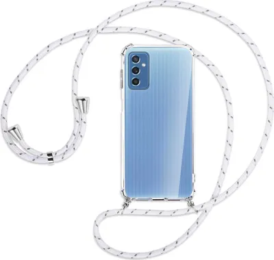 Produktbild von Handykette Backcover-Schutzhülle mit Band (Metall silberfarben) für Samsung Galaxy M52 5G (M526) - weiß/grau