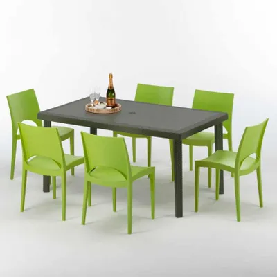 Produktbild von Polyrattan Tisch Rechteckig mit 6 Bunten Stühlen 150x90 Braun Focus