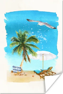 Produktbild von MuchoWow® Poster Strandkorb - Sonnenschirm - Palme - Himmel 20x30 cm - Papierdruck