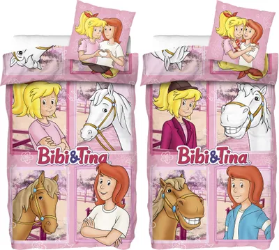 A collage of images featuring characters and horses from the Bibi & Tina franchise, likely for bedding.