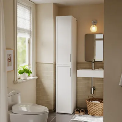 Imagen del producto de SoBuy Armario alto estrecho para baño blanco moderno con 2 puertas y 6 cajones, mueble de almacenamiento Armario BZR243-W