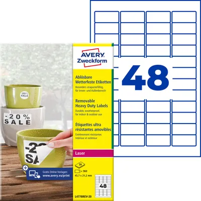 Produktbild von Avery Zweckform L4778REV-20, Wetterfeste Etiketten, ablösbar, A4, 45,7 x 21,2 mm, 960 Etiketten / 20 Bögen, weiß
