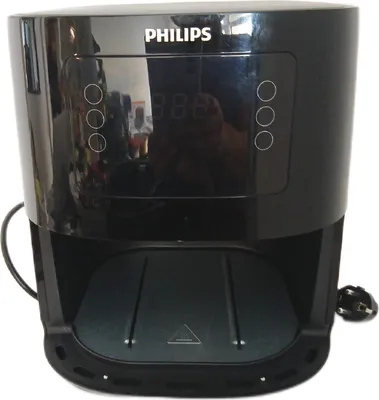 A black Philips air fryer is shown from the front on a white background.
