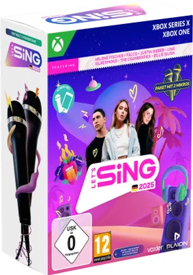The image shows the packaging of a video game called 'Let's Sing 2025' for Xbox, which includes two microphones.